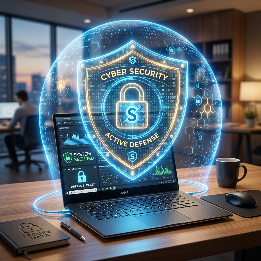 Laptop with cybersecurity active defense shield hologram above keyboard