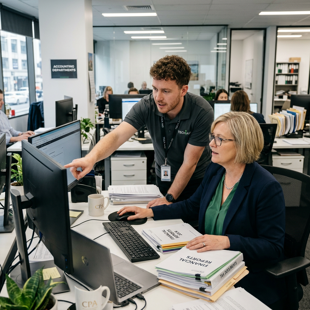 Man assisting woman at computer with financial report documents