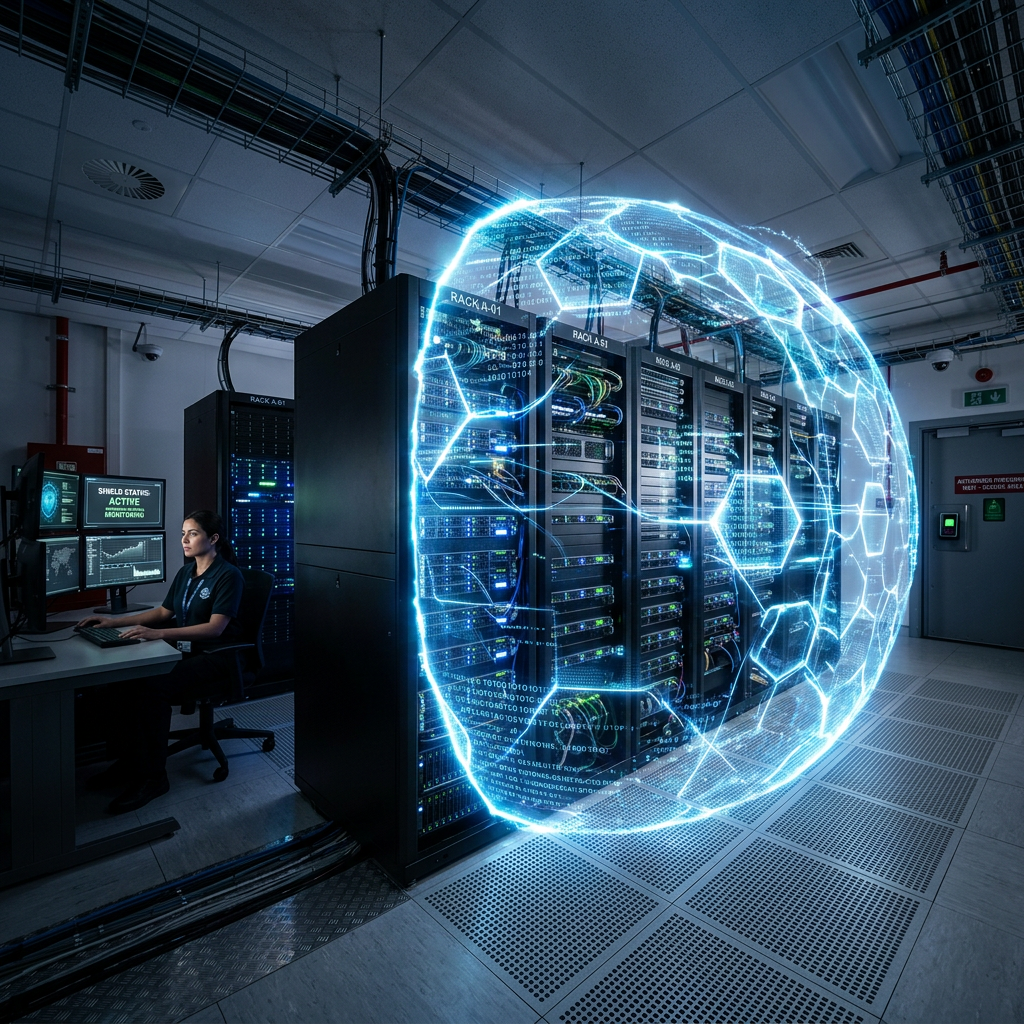 Technician monitoring cybersecurity shield around server racks in data center