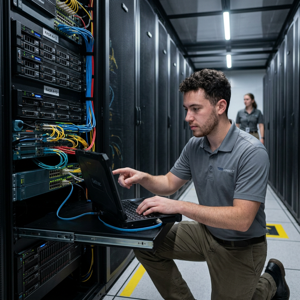 Technician using laptop to manage servers in data center aisle