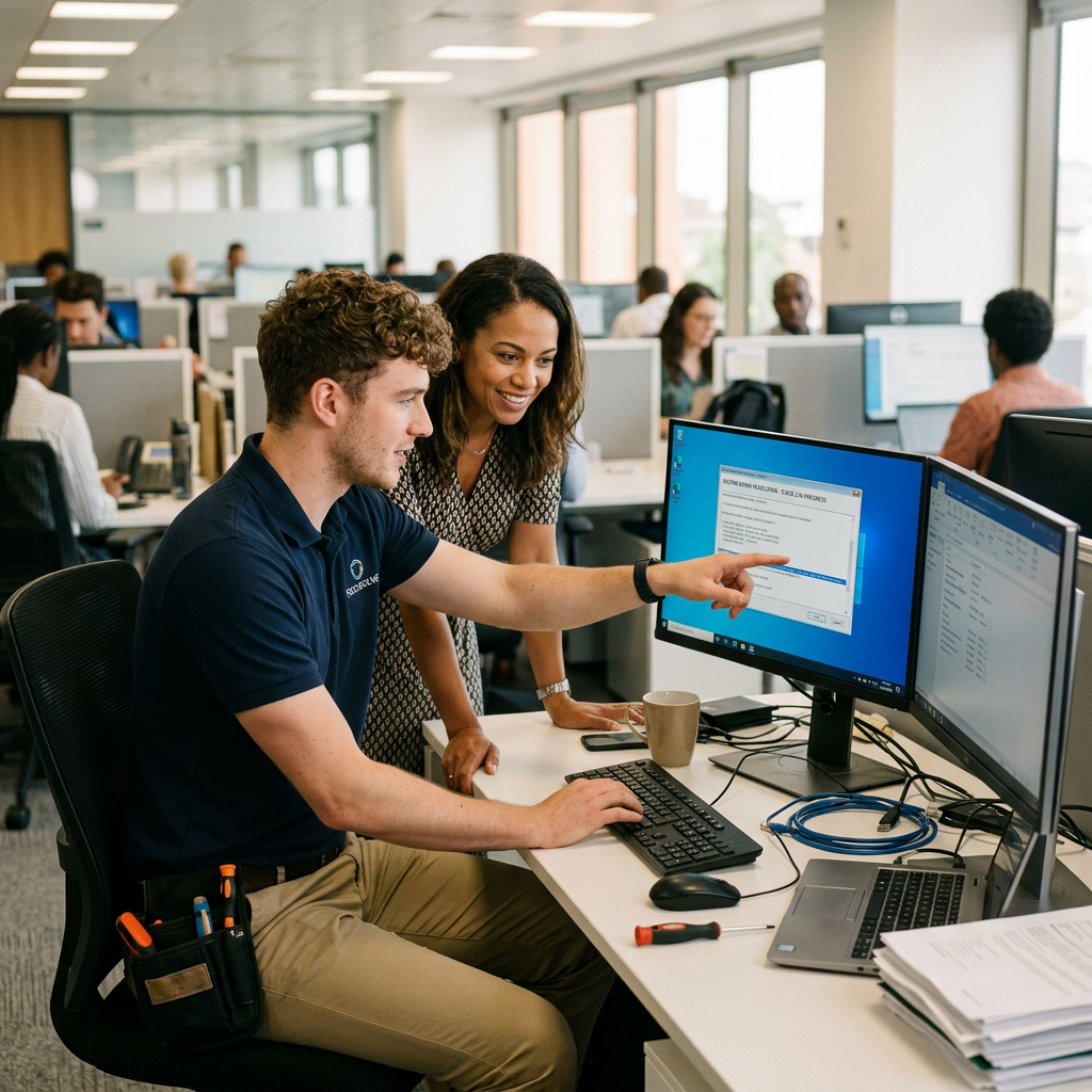 A man and woman discussing computer screen content in an office setting